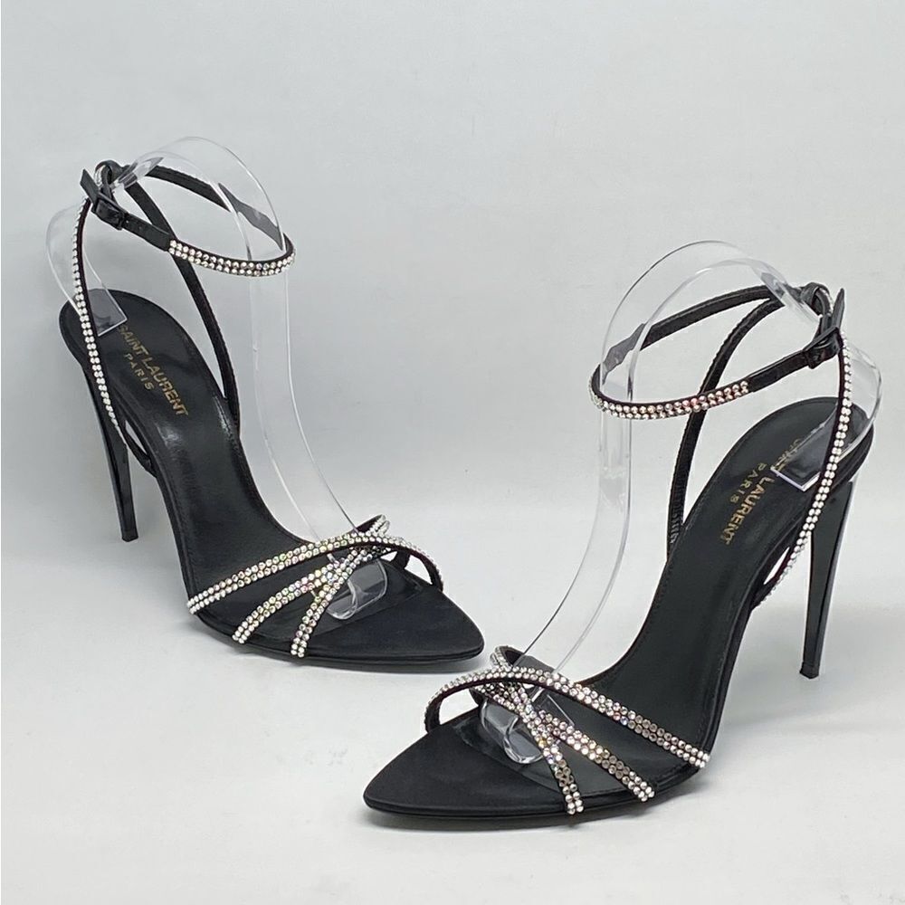 Saint Laurent Ava Sandals in Crepe Satin with Rhinestones size 40.5
